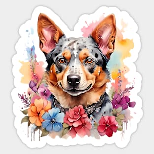 An australian cattle dog decorated with beautiful watercolor flowers Sticker